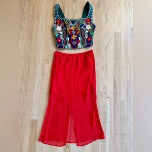 NWOT: J Crew Gwenyth Layered Slip Skirt, Crinkled Chiffon Bright Cerise, sz. XS